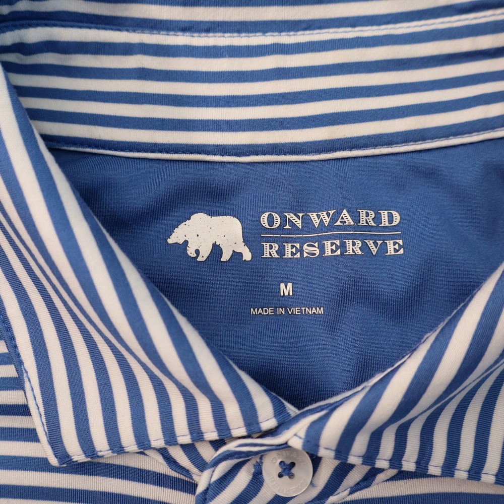 Onward Reserve Polo Shirt Mens Medium Blue Striped Performance Short Sleeve